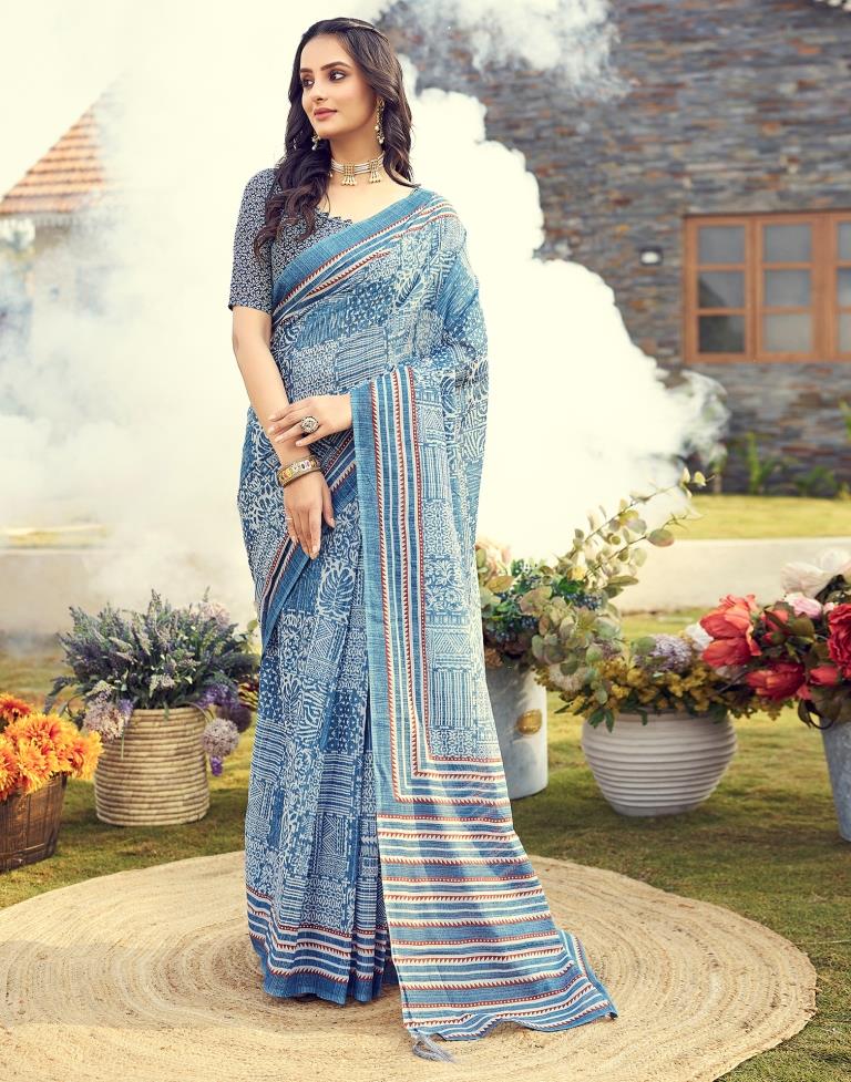 Ready to Wear Blue Cotton Printed Saree