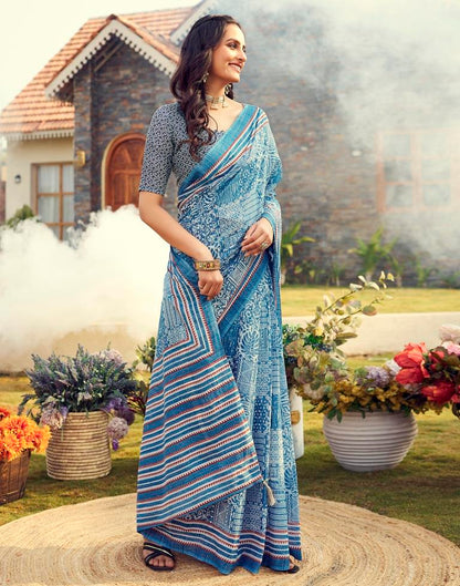 Ready to Wear Blue Cotton Printed Saree