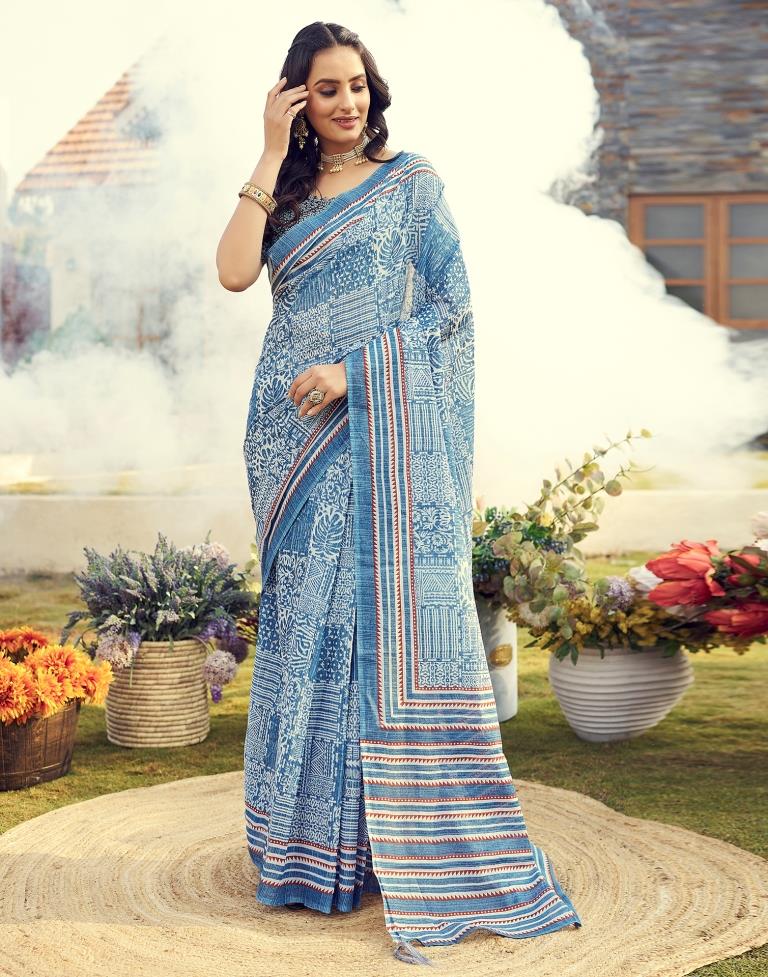 Ready to Wear Blue Cotton Printed Saree