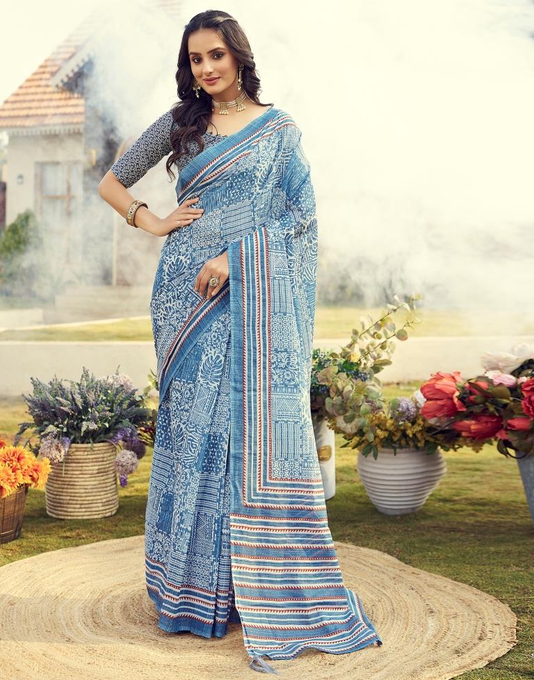 Ready to Wear Blue Cotton Printed Saree