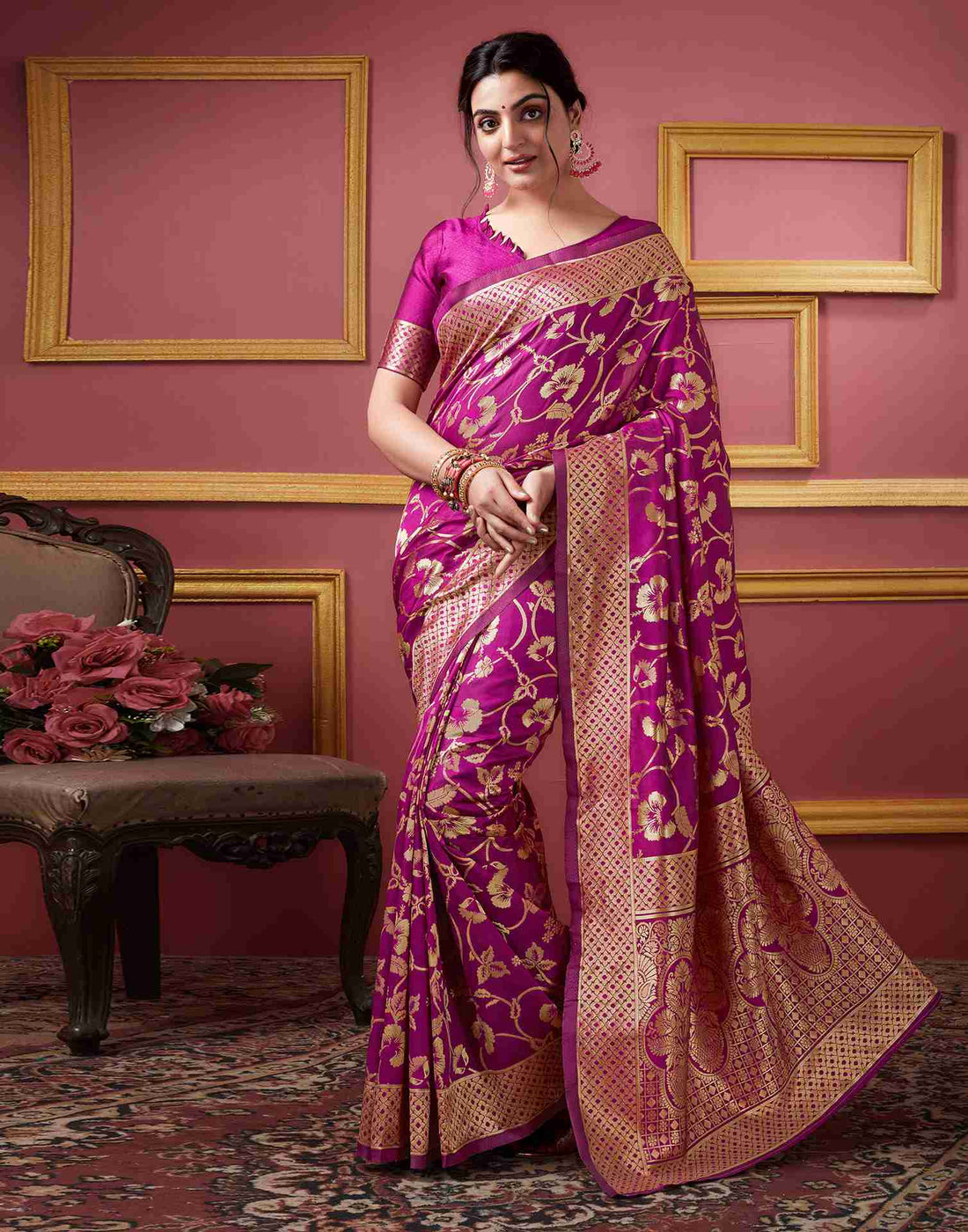 Dark Magenta Floral Banarasi Silk Saree