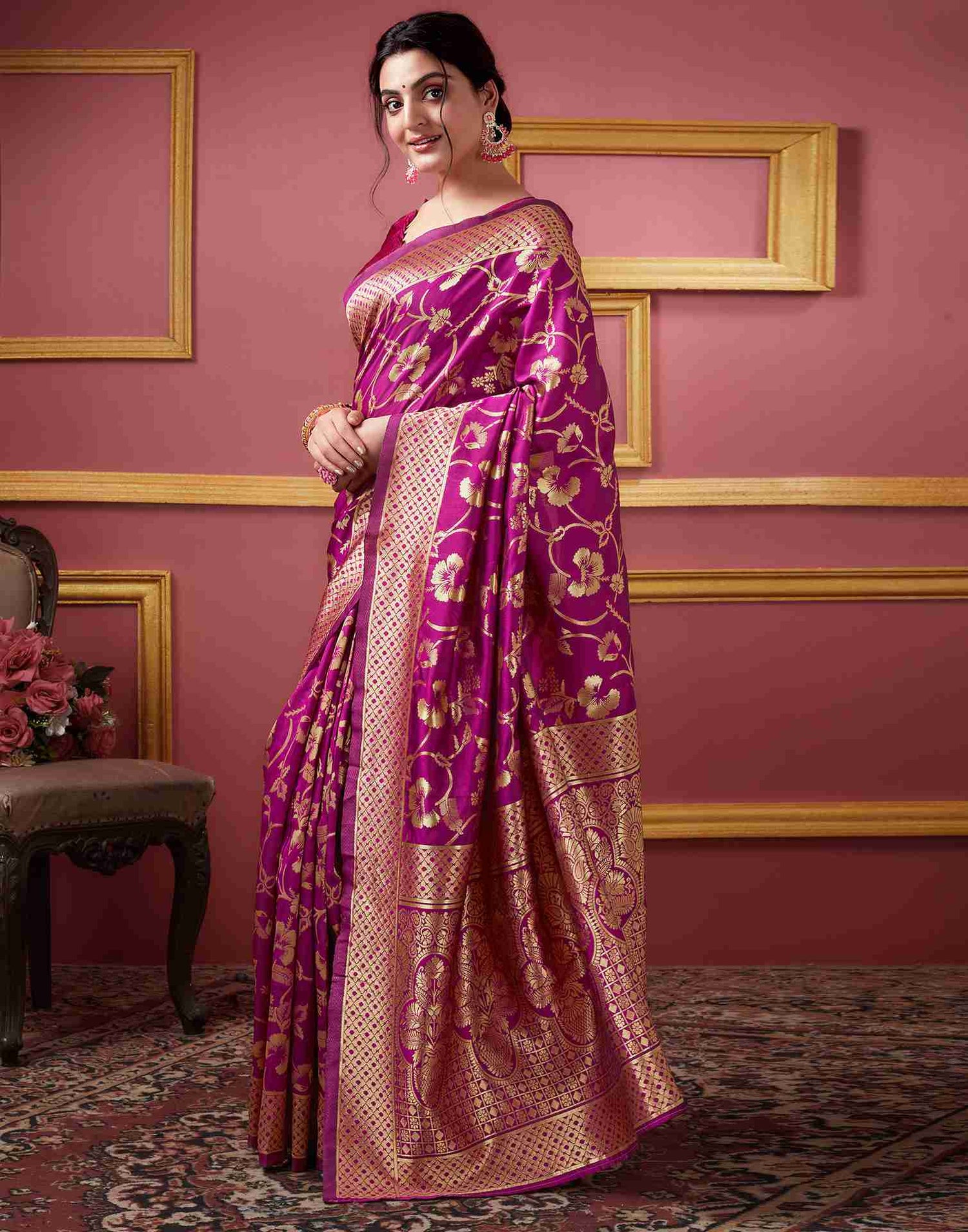 Dark Magenta Floral Banarasi Silk Saree