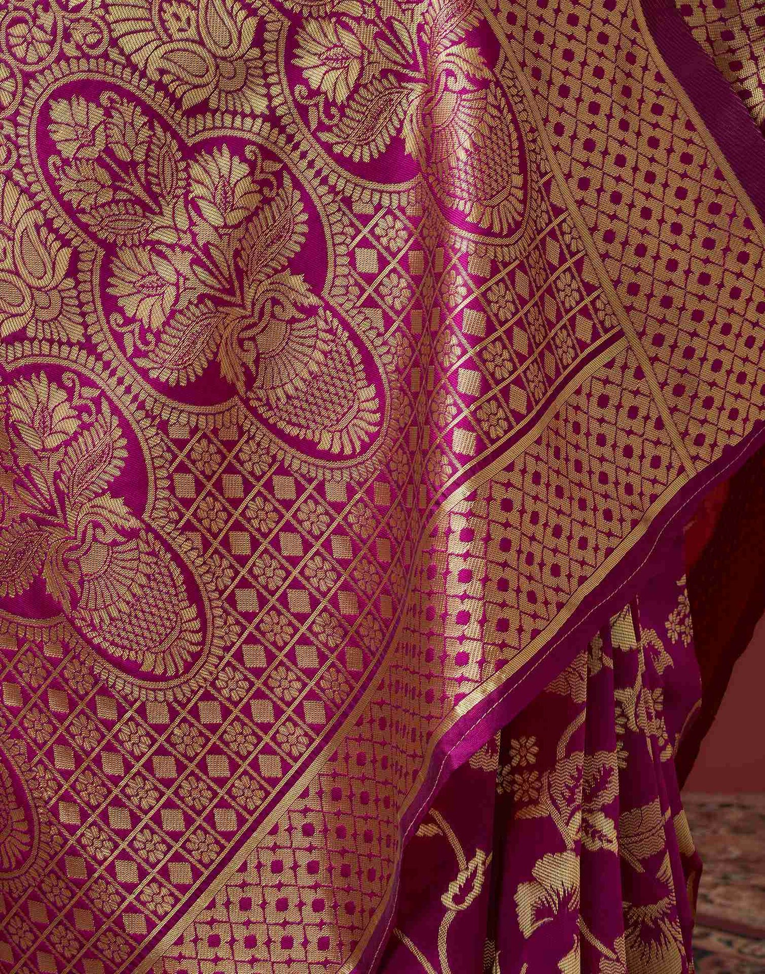 Dark Magenta Floral Banarasi Silk Saree