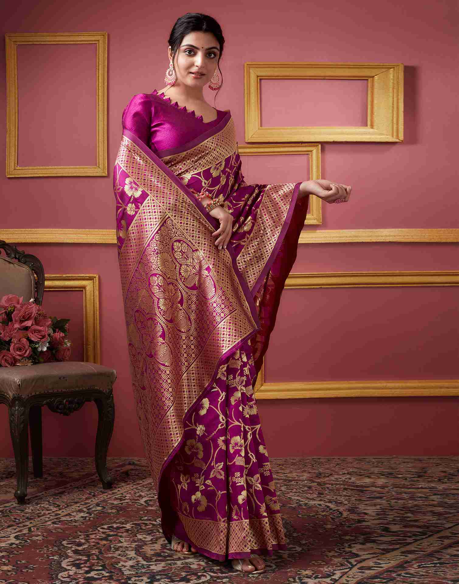 Dark Magenta Floral Banarasi Silk Saree