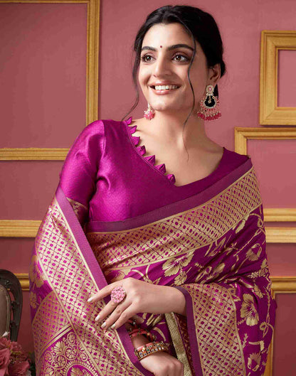 Dark Magenta Floral Banarasi Silk Saree