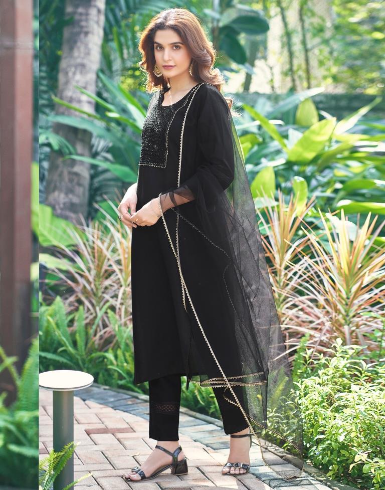 Black Cotton Straight Kurta Set With Dupatta