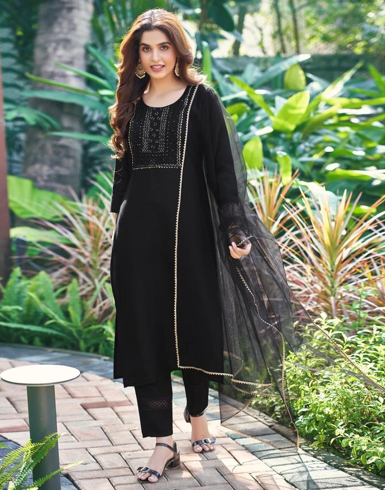 Black Cotton Straight Kurta Set With Dupatta