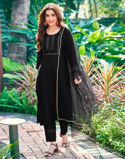 Black Cotton Straight Kurta Set With Dupatta