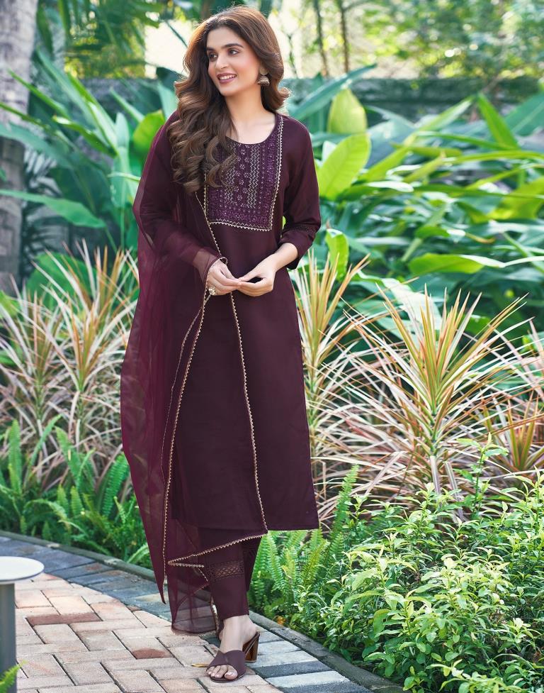 Wine Embroidered Cotton Kurta Set With Dupatta