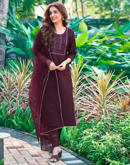 Wine Embroidered Cotton Kurta Set With Dupatta