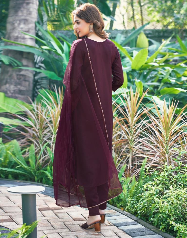 Wine Embroidered Cotton Kurta Set With Dupatta