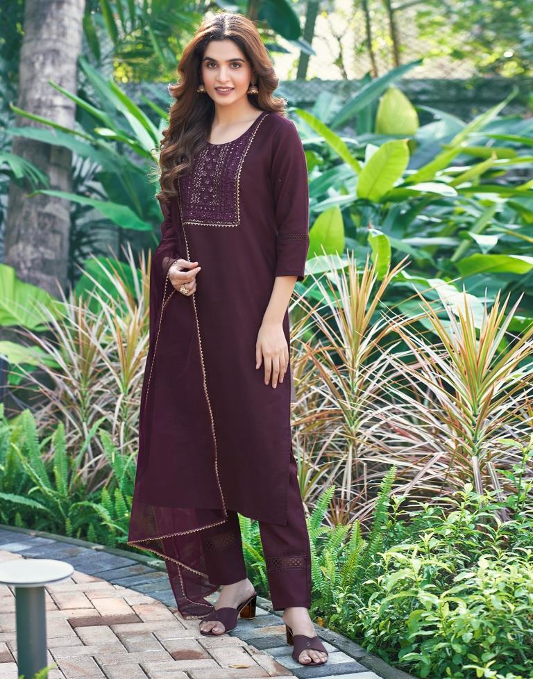 Wine Embroidered Cotton Kurta Set With Dupatta