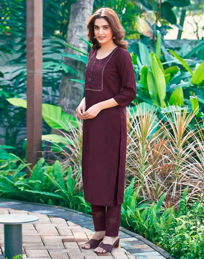 Wine Embroidered Cotton Kurta Set With Dupatta