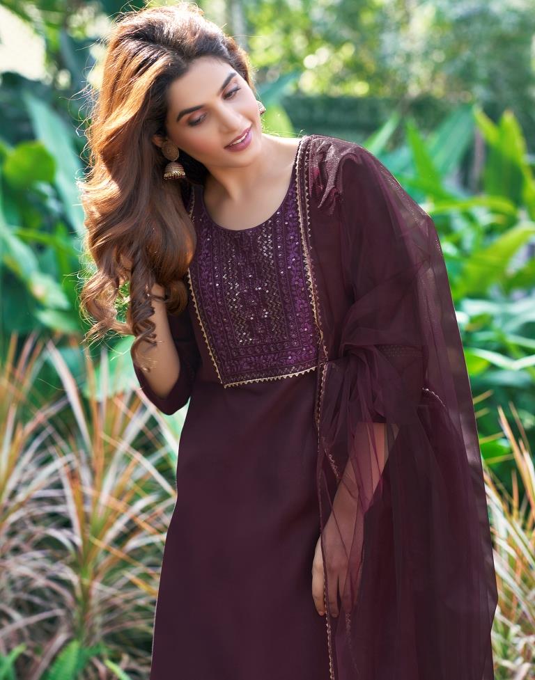 Wine Embroidered Cotton Kurta Set With Dupatta