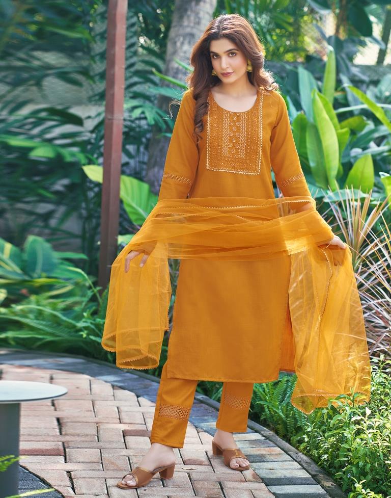 Turmeric Yellow Plain Cotton Straight Kurta Set with Dupatta