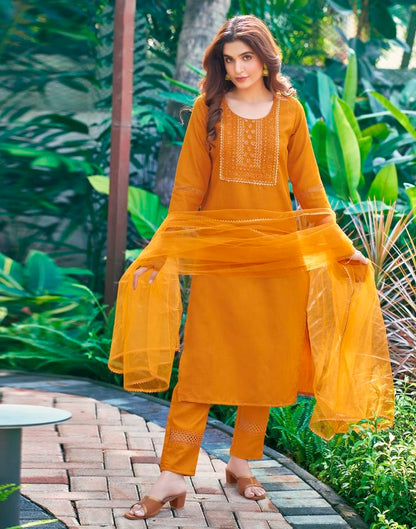 Turmeric Yellow Plain Cotton Straight Kurta Set with Dupatta