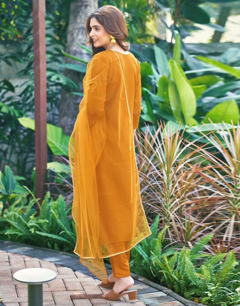 Turmeric Yellow Plain Cotton Straight Kurta Set with Dupatta