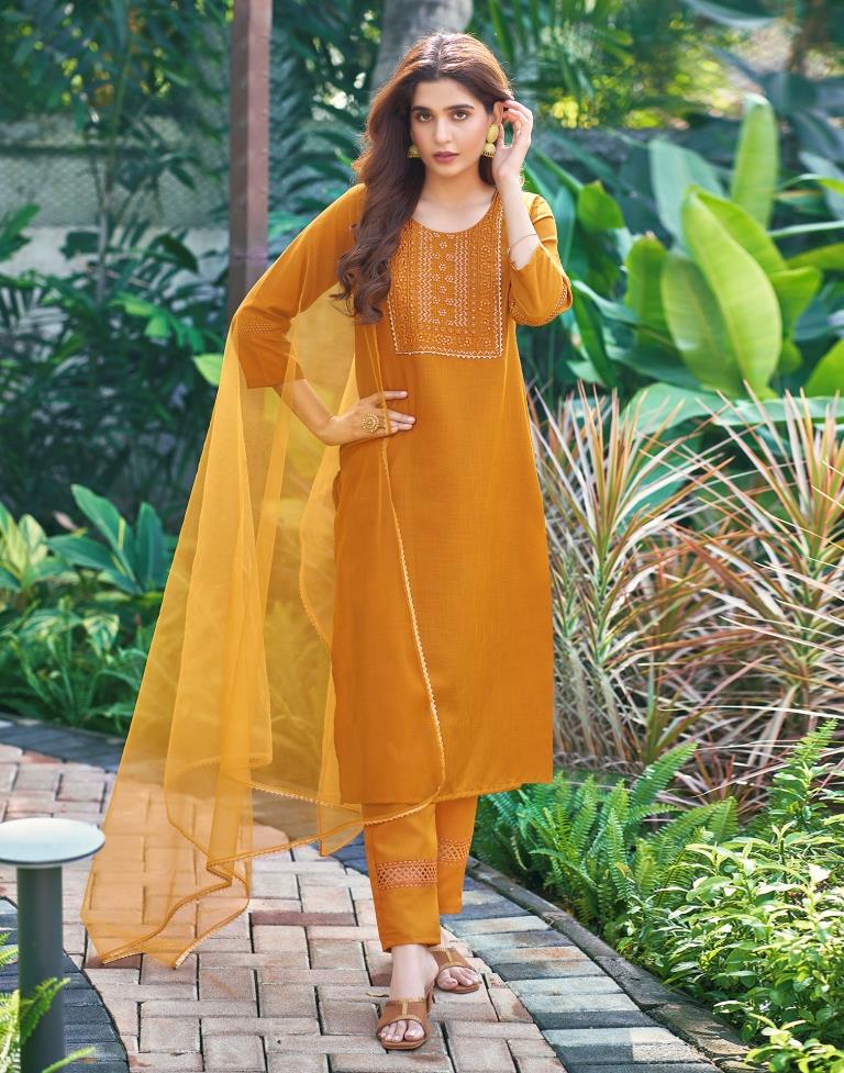 Turmeric Yellow Plain Cotton Straight Kurta Set with Dupatta