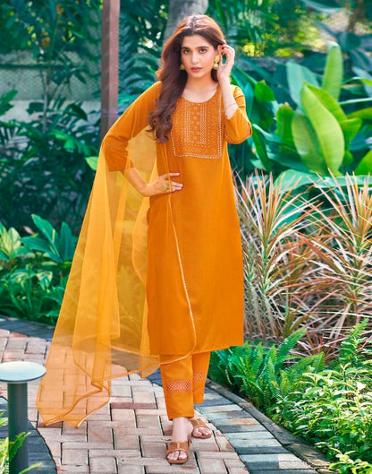 Turmeric Yellow Plain Cotton Straight Kurta Set with Dupatta