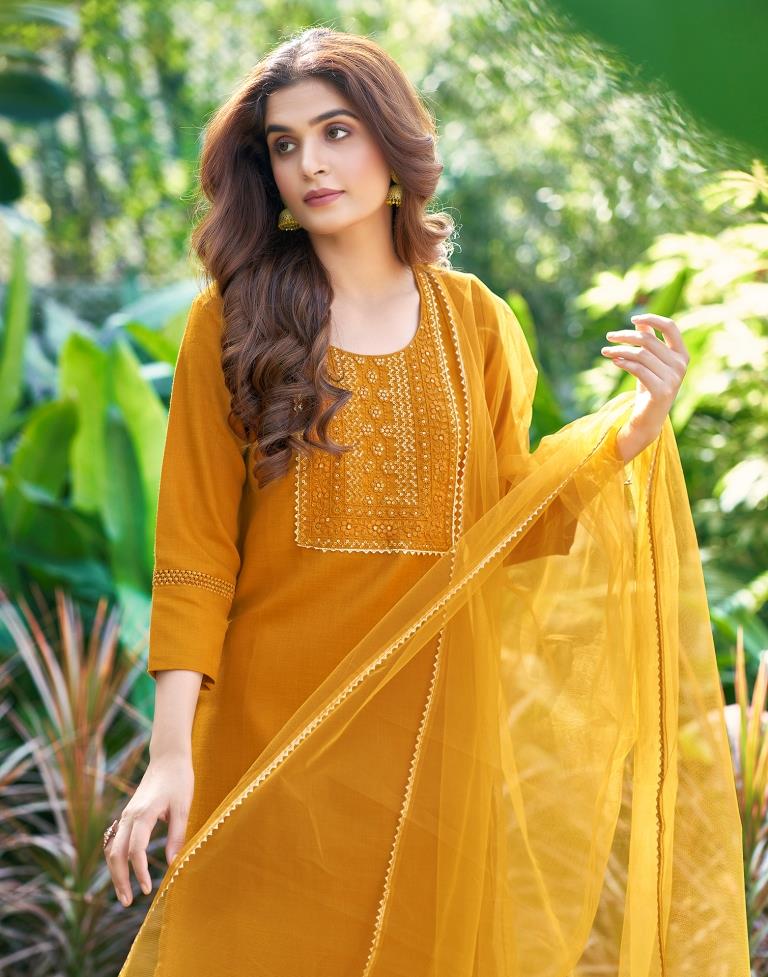 Turmeric Yellow Plain Cotton Straight Kurta Set with Dupatta