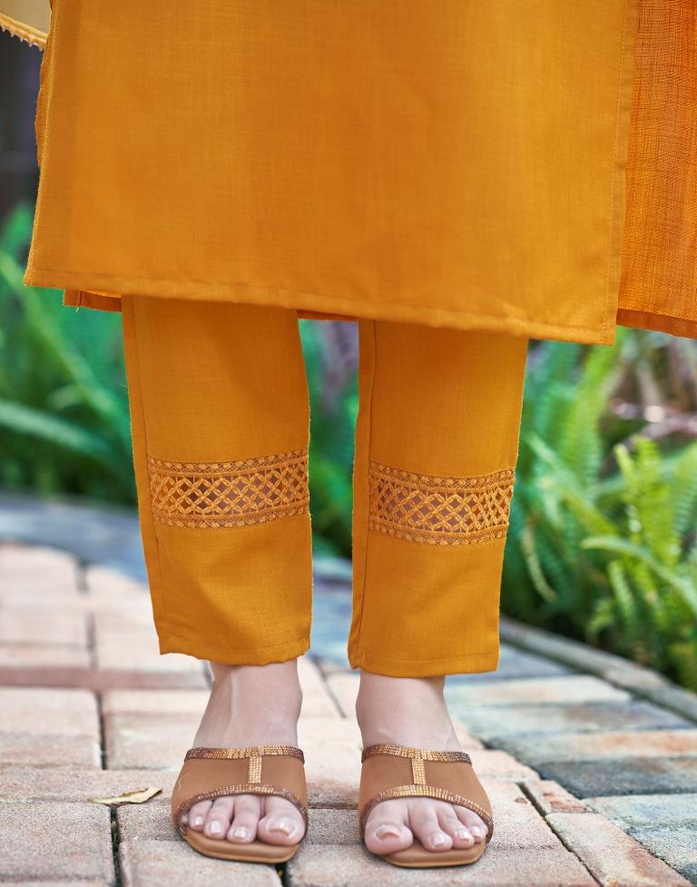 Turmeric Yellow Plain Cotton Straight Kurta Set with Dupatta