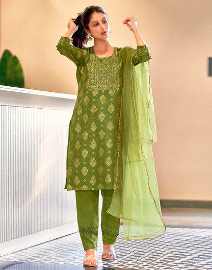 Green Printed Cotton Straight Kurta Set with Dupatta