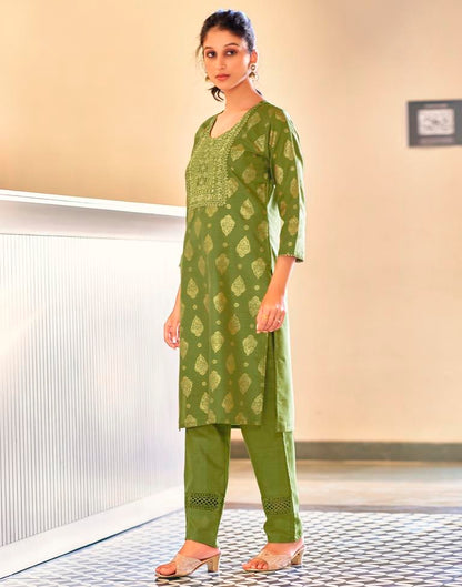 Green Printed Cotton Straight Kurta Set with Dupatta