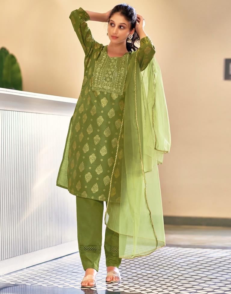 Green Printed Cotton Straight Kurta Set with Dupatta