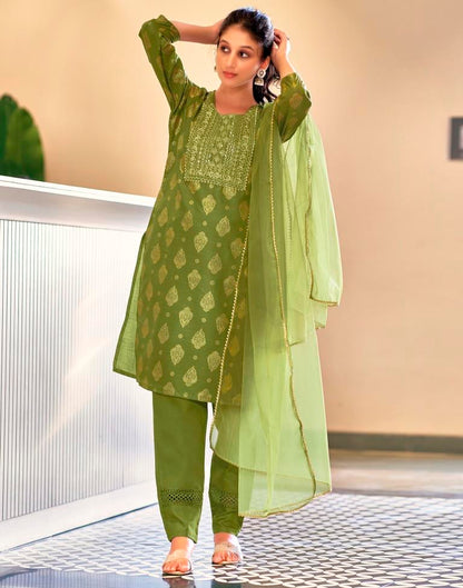 Green Printed Cotton Straight Kurta Set with Dupatta