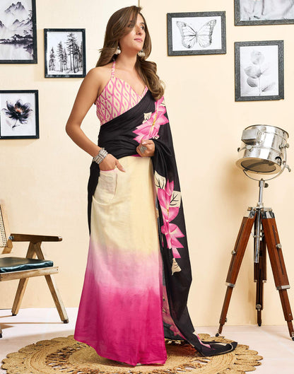 Ready To Wear Pink Cotton Floral Printed Saree With Pocket
