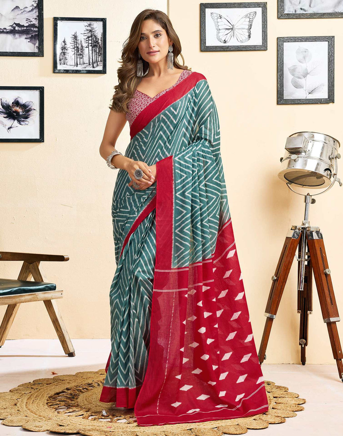 Ready To Wear Green Cotton Printed Saree