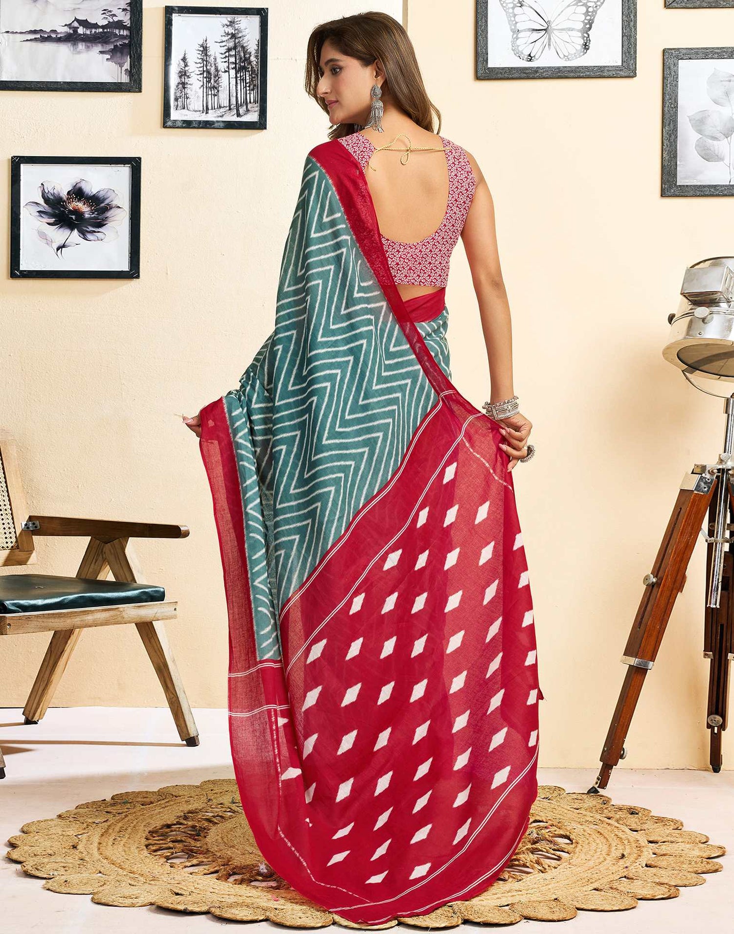 Ready To Wear Green Cotton Printed Saree