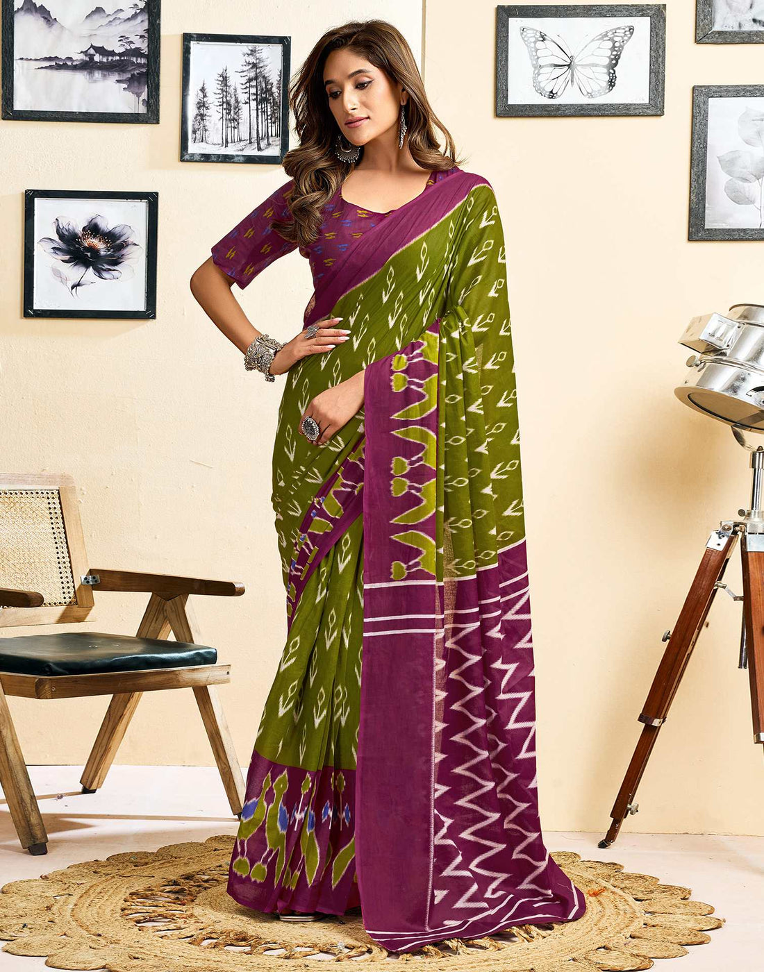 Ready To Wear Green Cotton Ikkat Printed Saree