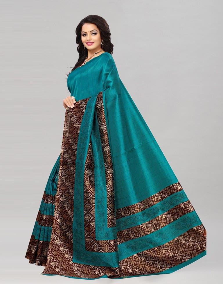 Turquoise Coloured Poly Silk Printed Saree | Sudathi