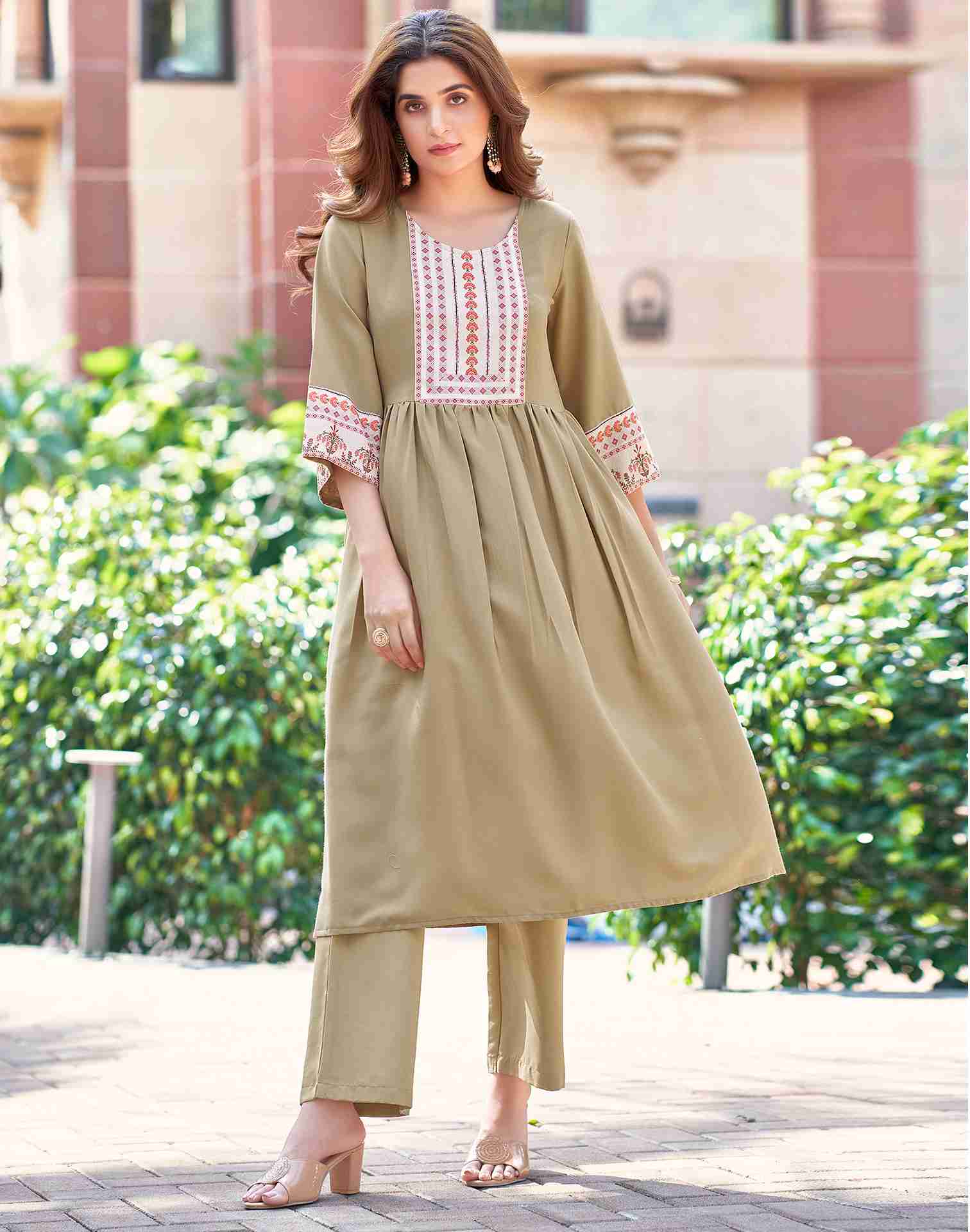 Dark Beige Plain Rayon A-Line Kurta With Pant And Dupatta