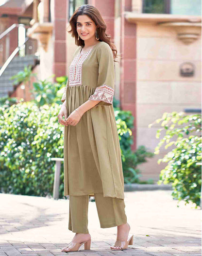 Dark Beige Plain Rayon A-Line Kurta With Pant And Dupatta