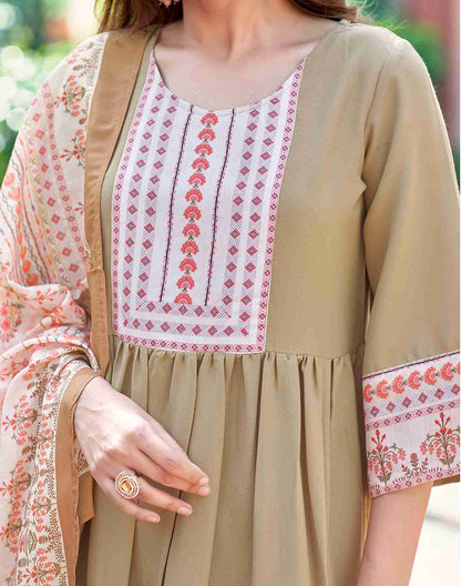 Dark Beige Plain Rayon A-Line Kurta With Pant And Dupatta