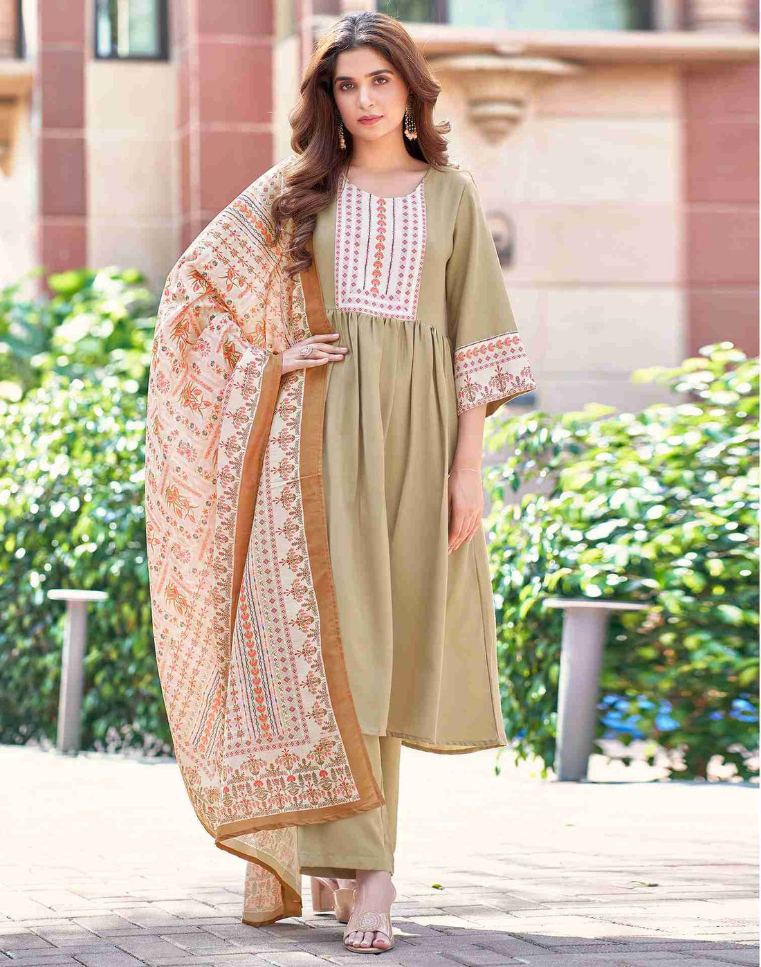 Dark Beige Plain Rayon A-Line Kurta With Pant And Dupatta