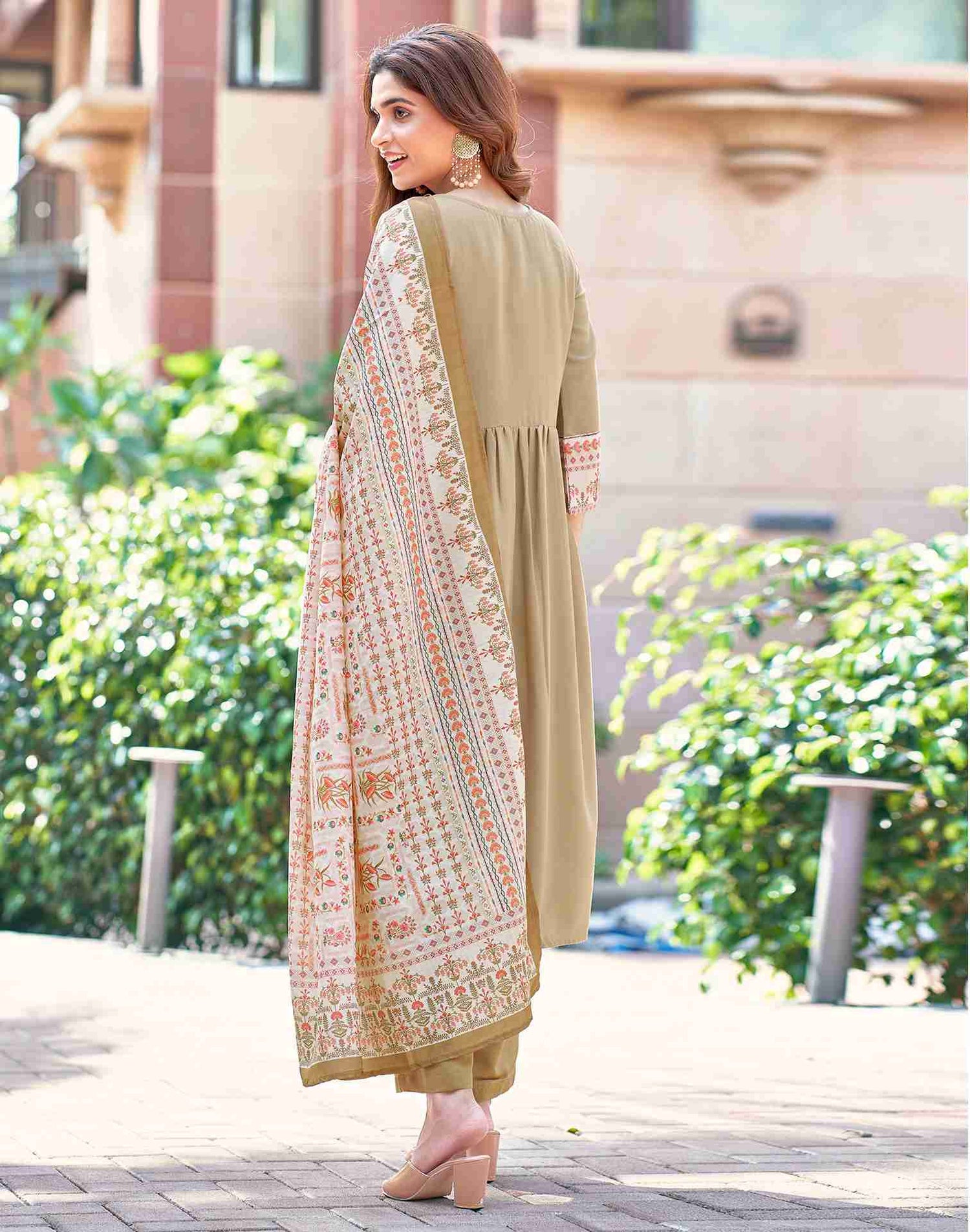 Dark Beige Plain Rayon A-Line Kurta With Pant And Dupatta