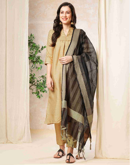 Beige Plain Silk Straight Kurta With Pant And Dupatta