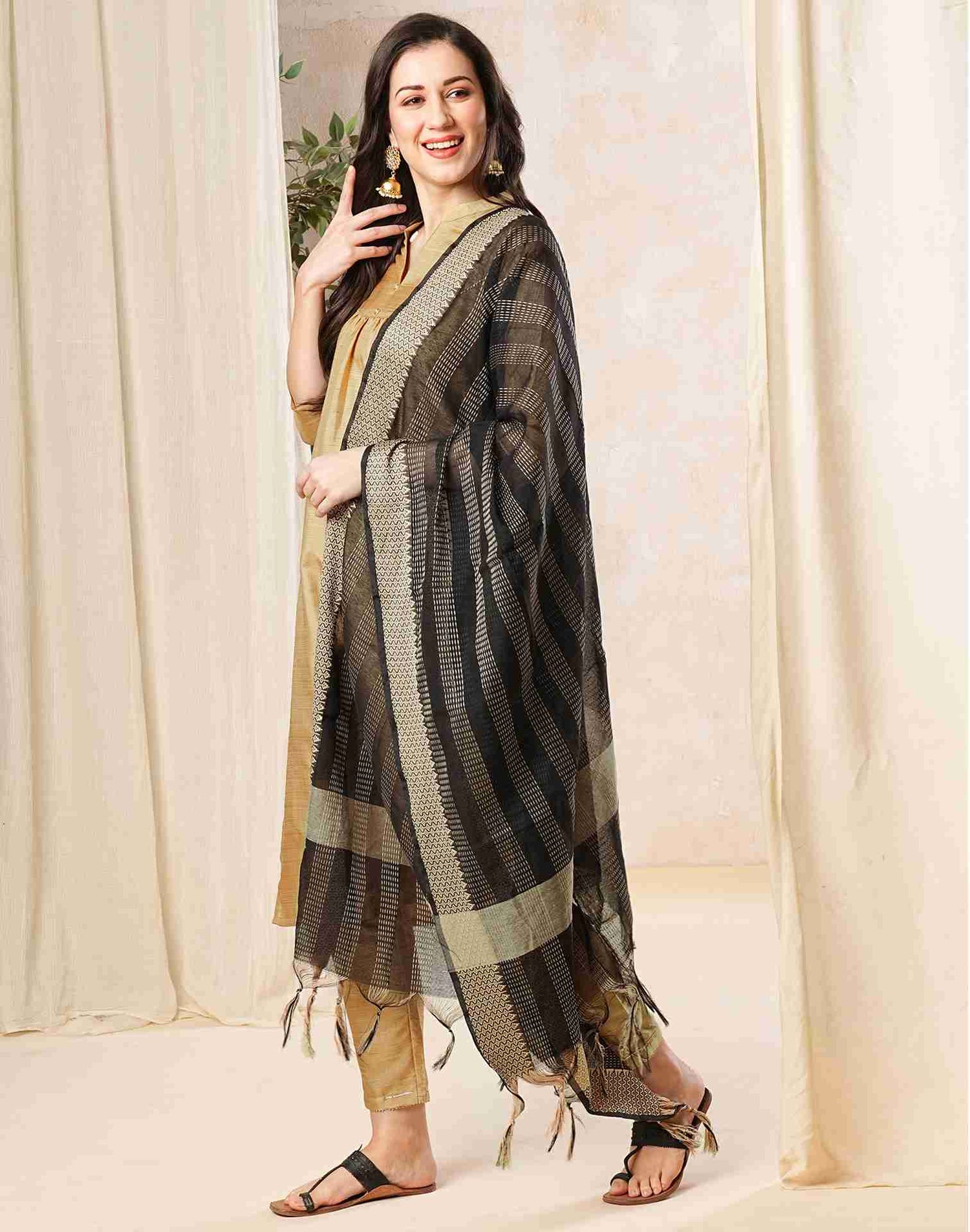 Beige Plain Silk Straight Kurta With Pant And Dupatta