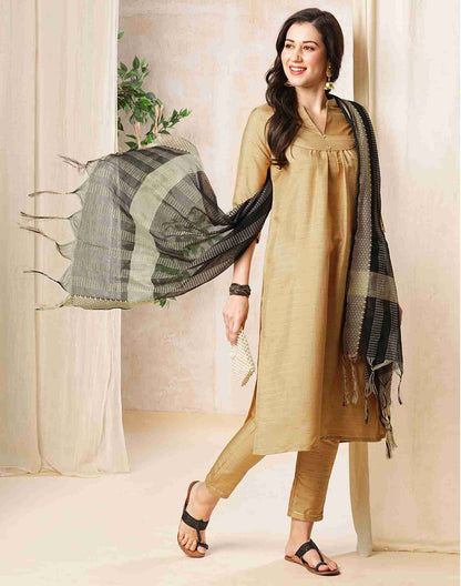 Beige Plain Silk Straight Kurta With Pant And Dupatta