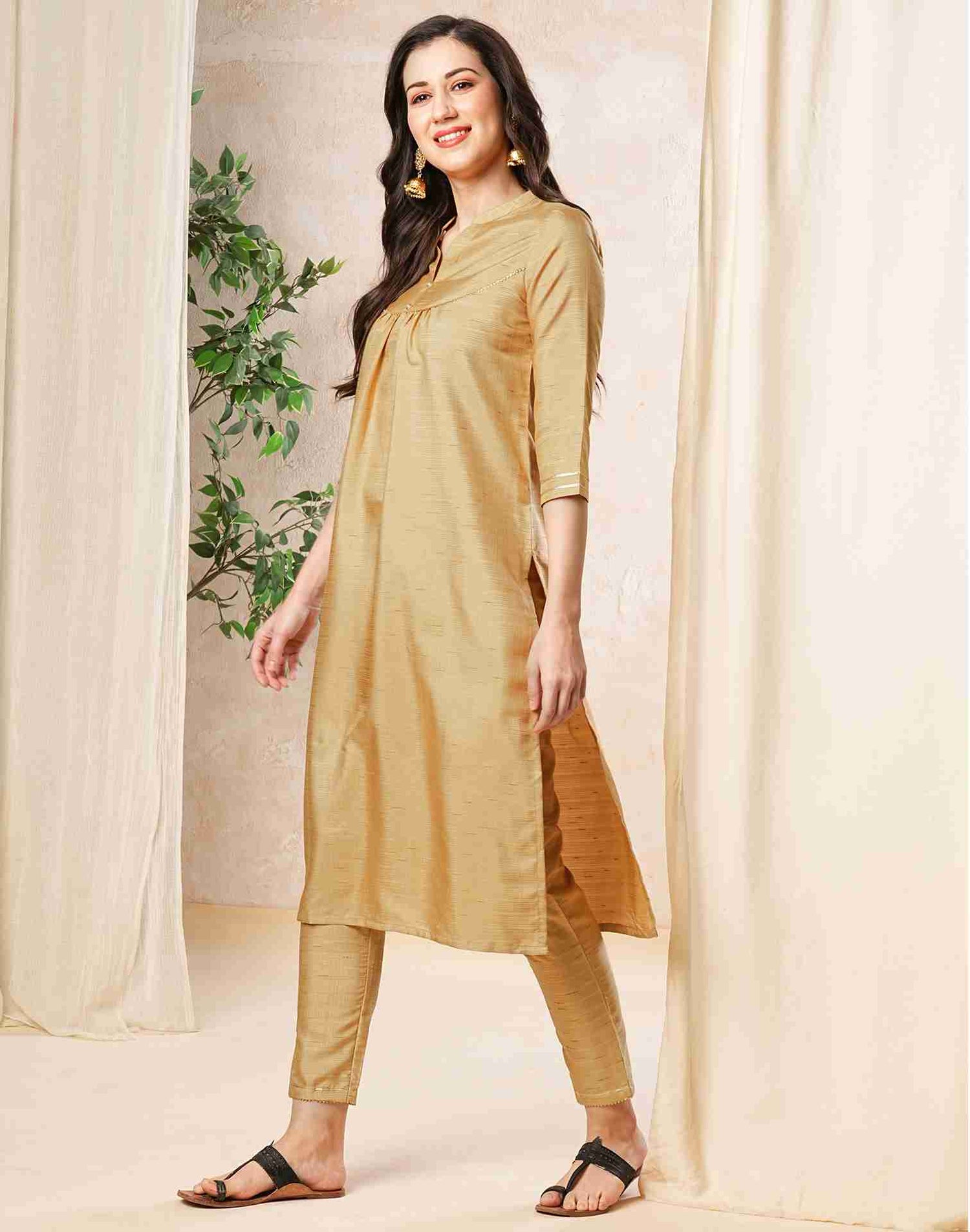 Beige Plain Silk Straight Kurta With Pant And Dupatta