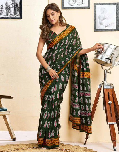 Ready To Wear Green Cotton Printed Saree