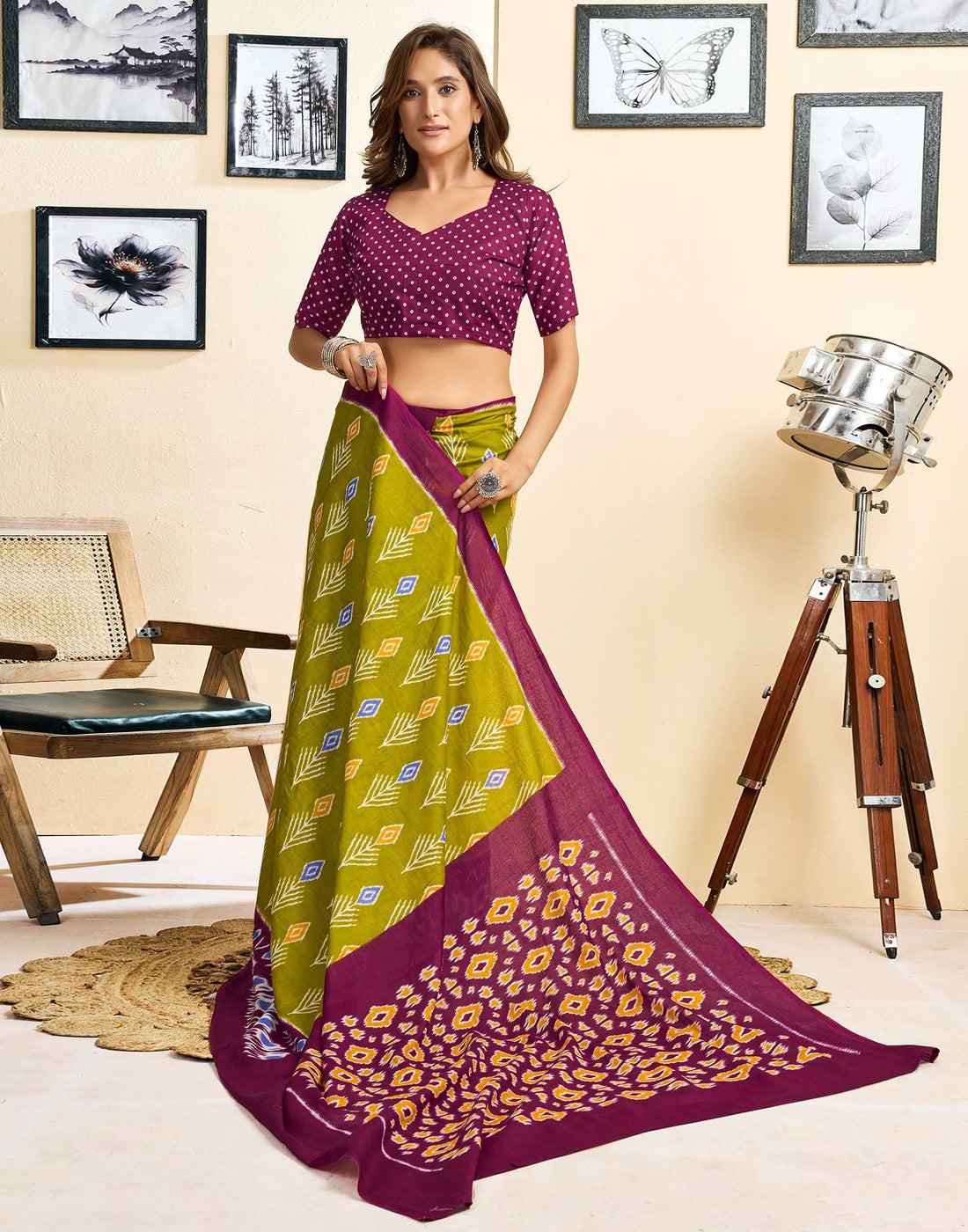 Ready To Wear Green Cotton Printed Saree