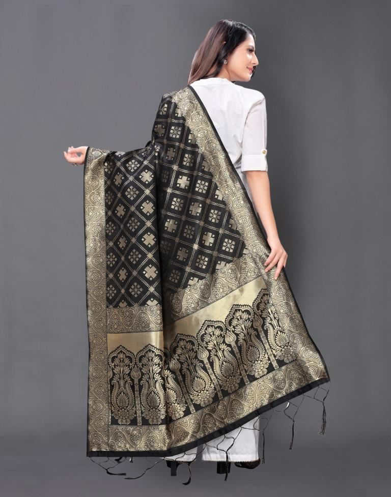 Peppy Black Coloured Poly Silk Jacquard Dupatta | Sudathi