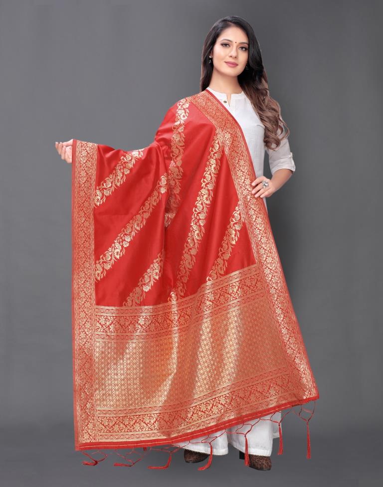 Picturesque Red Coloured Poly Silk Jacquard Dupatta | Sudathi