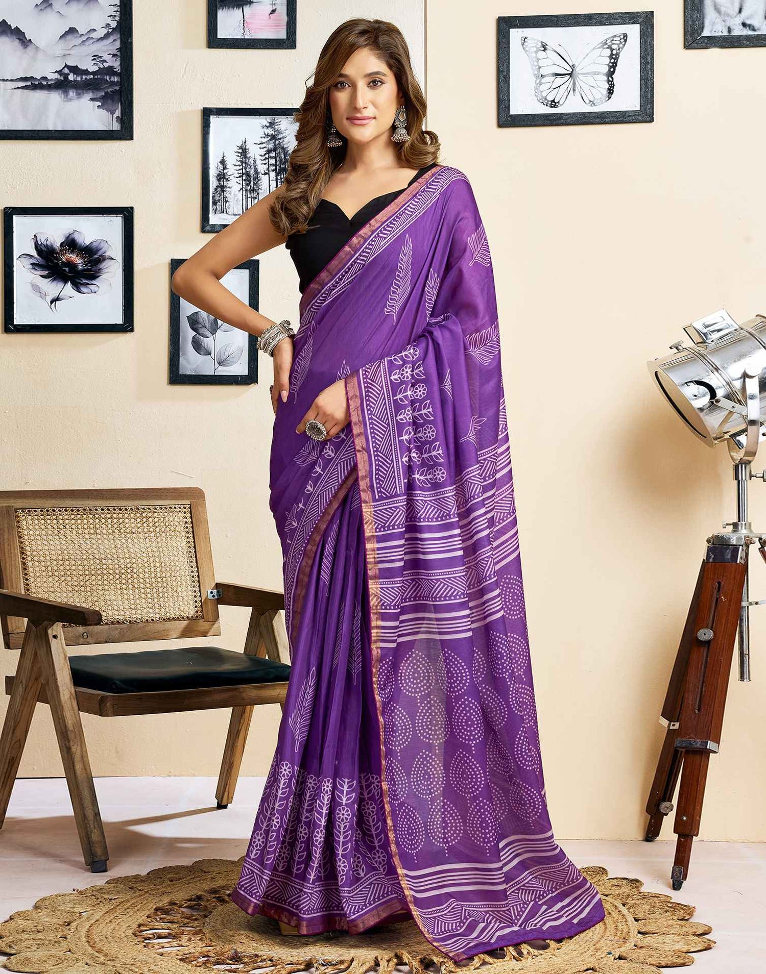 Ready To Wear Purple Linen Printed Saree