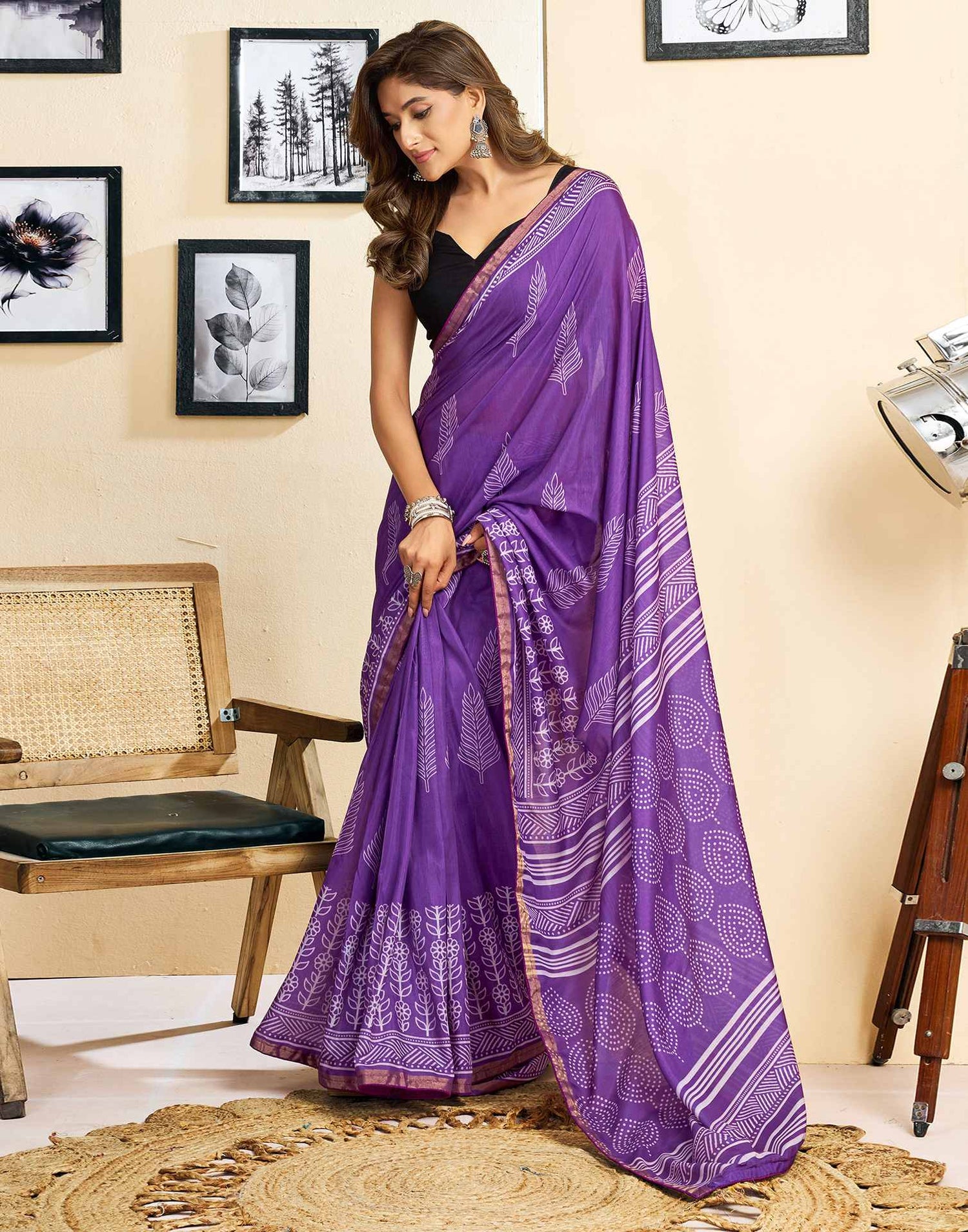 Ready To Wear Purple Linen Printed Saree