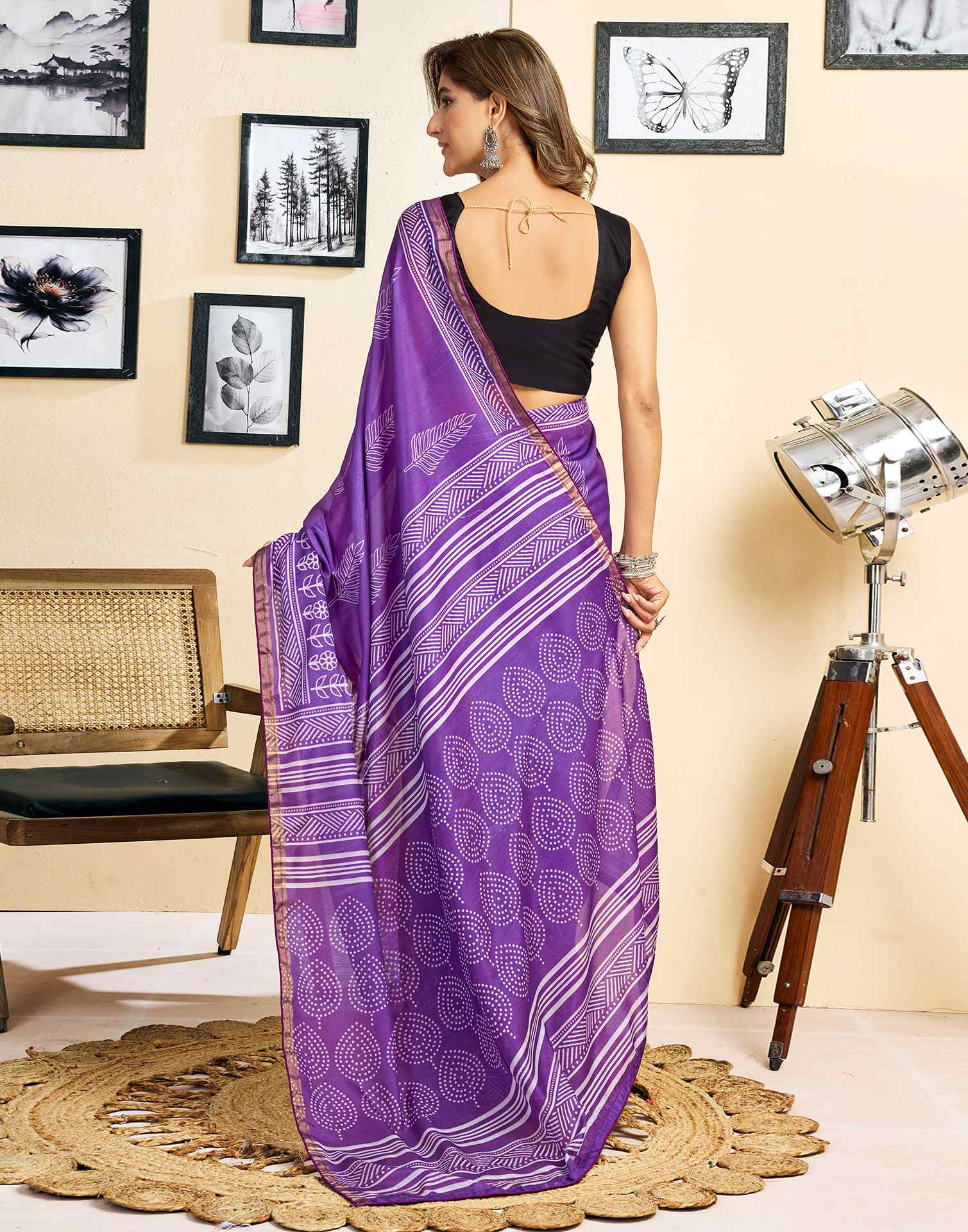Ready To Wear Purple Linen Printed Saree